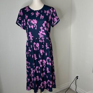 NWT Navy & Pink Floral Short-Sleeve Midi Dress